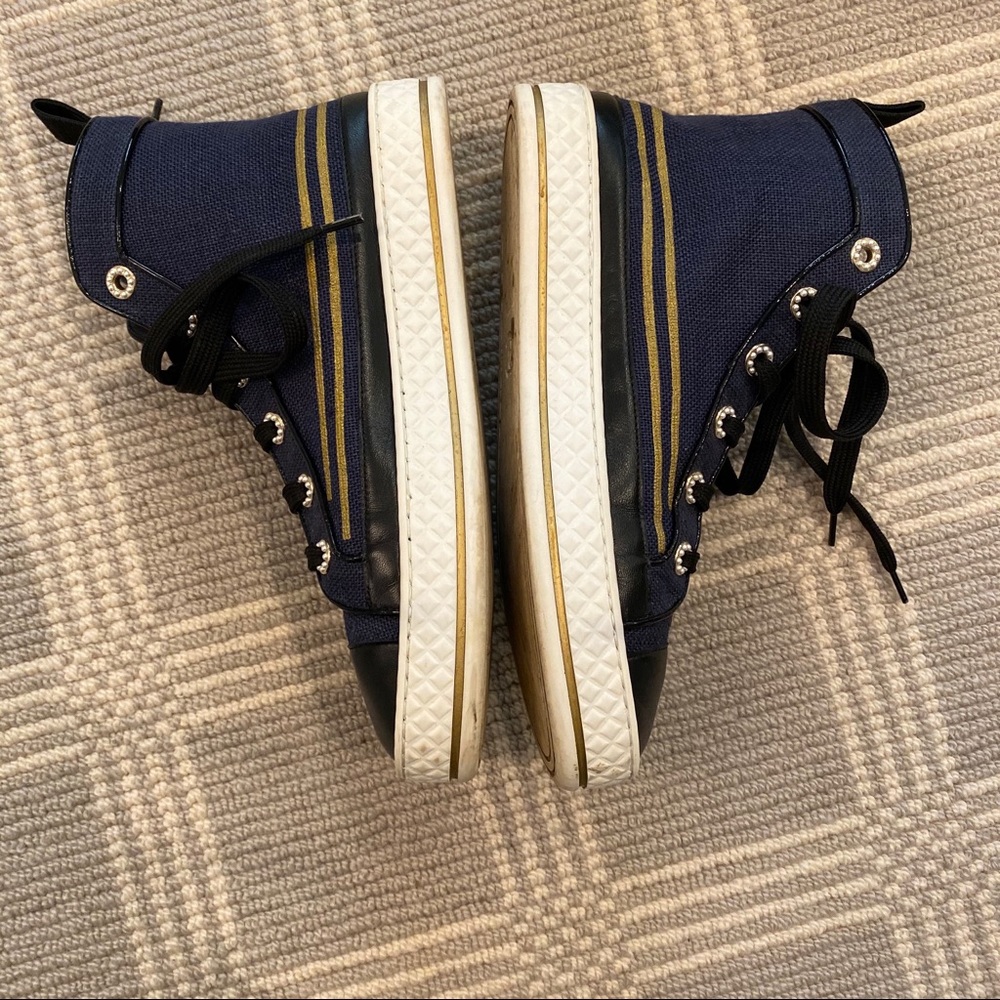 Chanel Navy High Top Sneakers With Gold Stripe - Picture 5 of 10